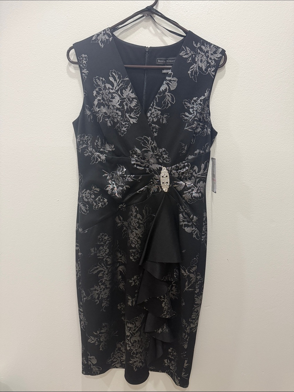 Alex Evenings Black and Silver Floral Midi Dress with Rhinestone Accent